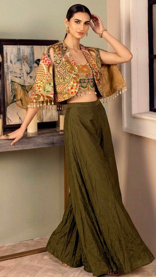 Ethnic chic olive cape set