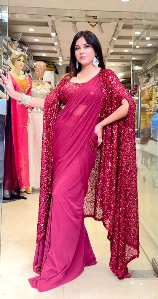Wine Red Ready-to-Wear Drape Saree