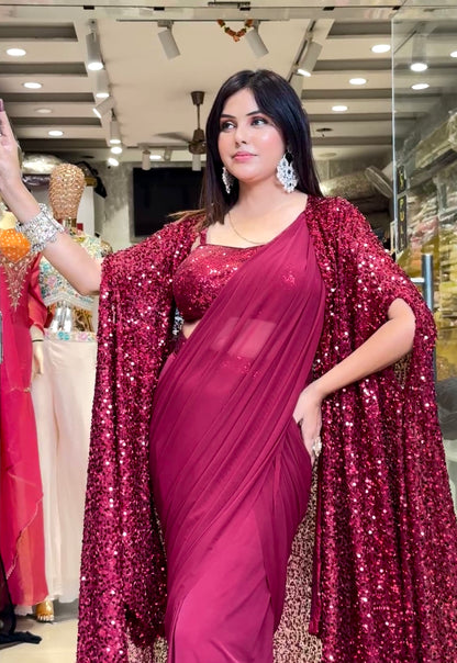 Wine Red Ready-to-Wear Drape Saree