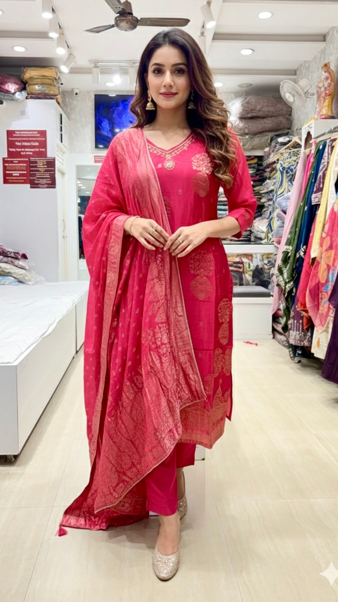Elegant Rani Pink Banarasi Silk suit