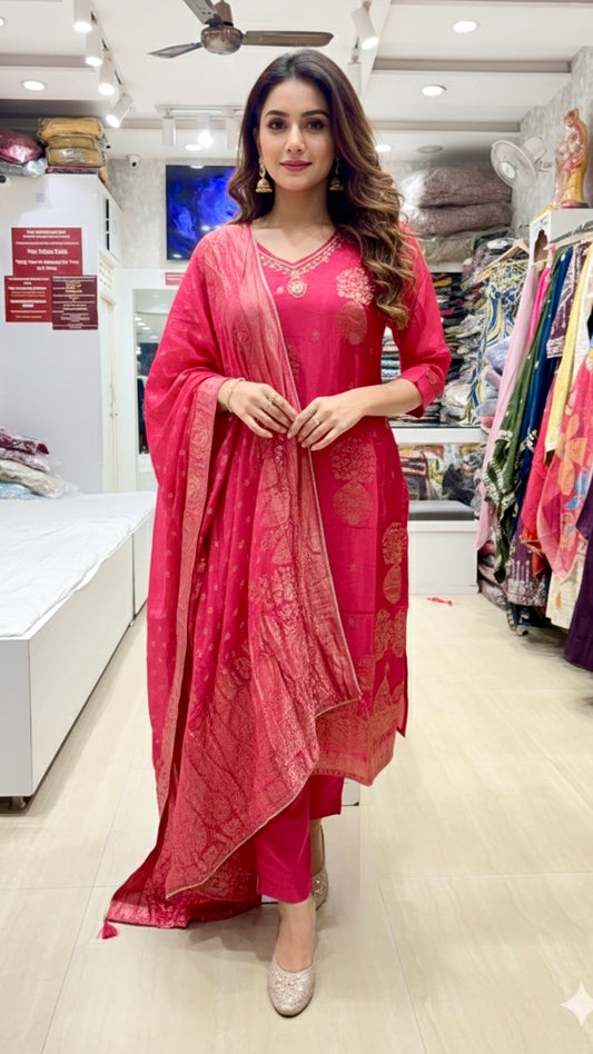 Elegant Rani Pink Banarasi Silk suit