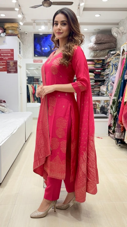 Elegant Rani Pink Banarasi Silk suit