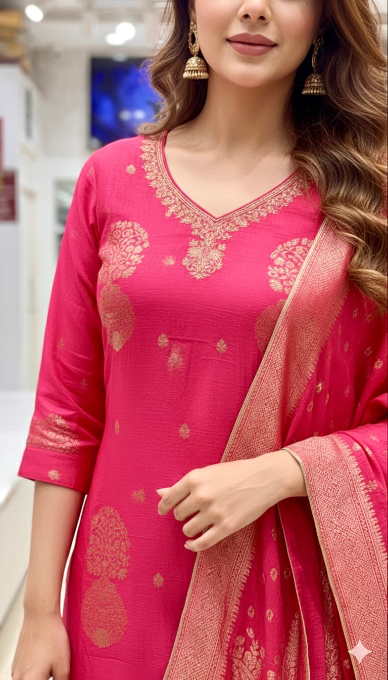 Elegant Rani Pink Banarasi Silk suit
