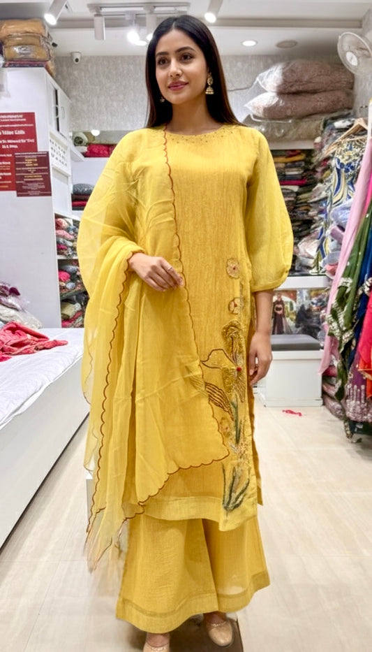 "Yellow Chanderi Silk Palazo suit