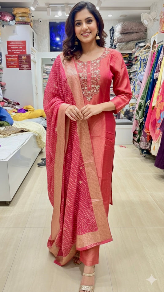 Elegant Rose-Pink Silk Salwar Suit