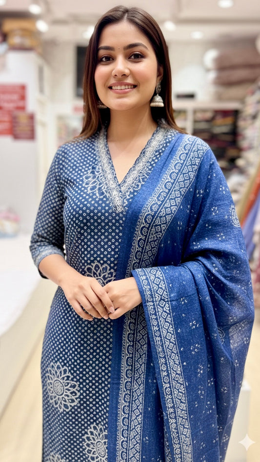 Indigo Bandhani & Ajrakh Fusion Suit